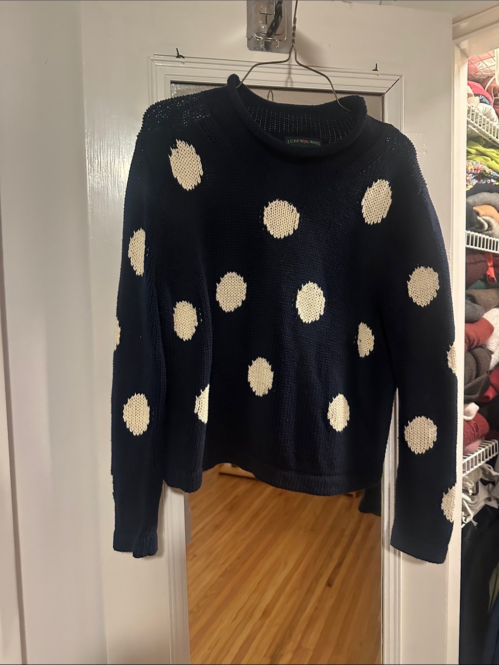 J. Crew Navy Rollneck Sweater with Cream Polka Dots